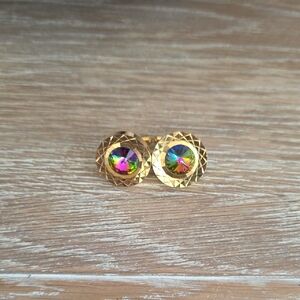 Heliotrope Rhinestone Gold Stud Earrings with Multicolor Gem